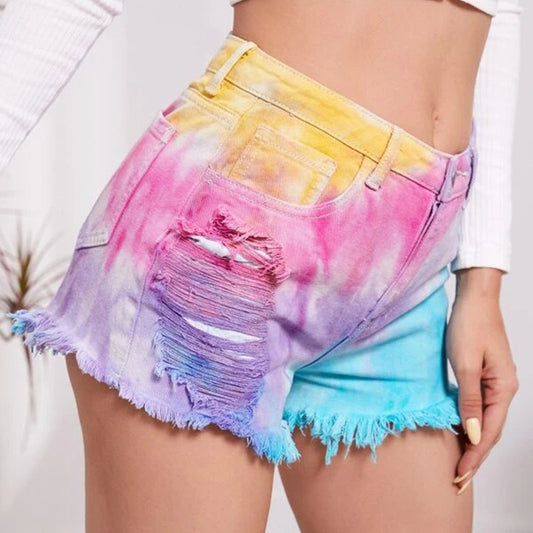 Tie-Dyed Tassel Foot Mouth Loose Hole Women Denim Shorts