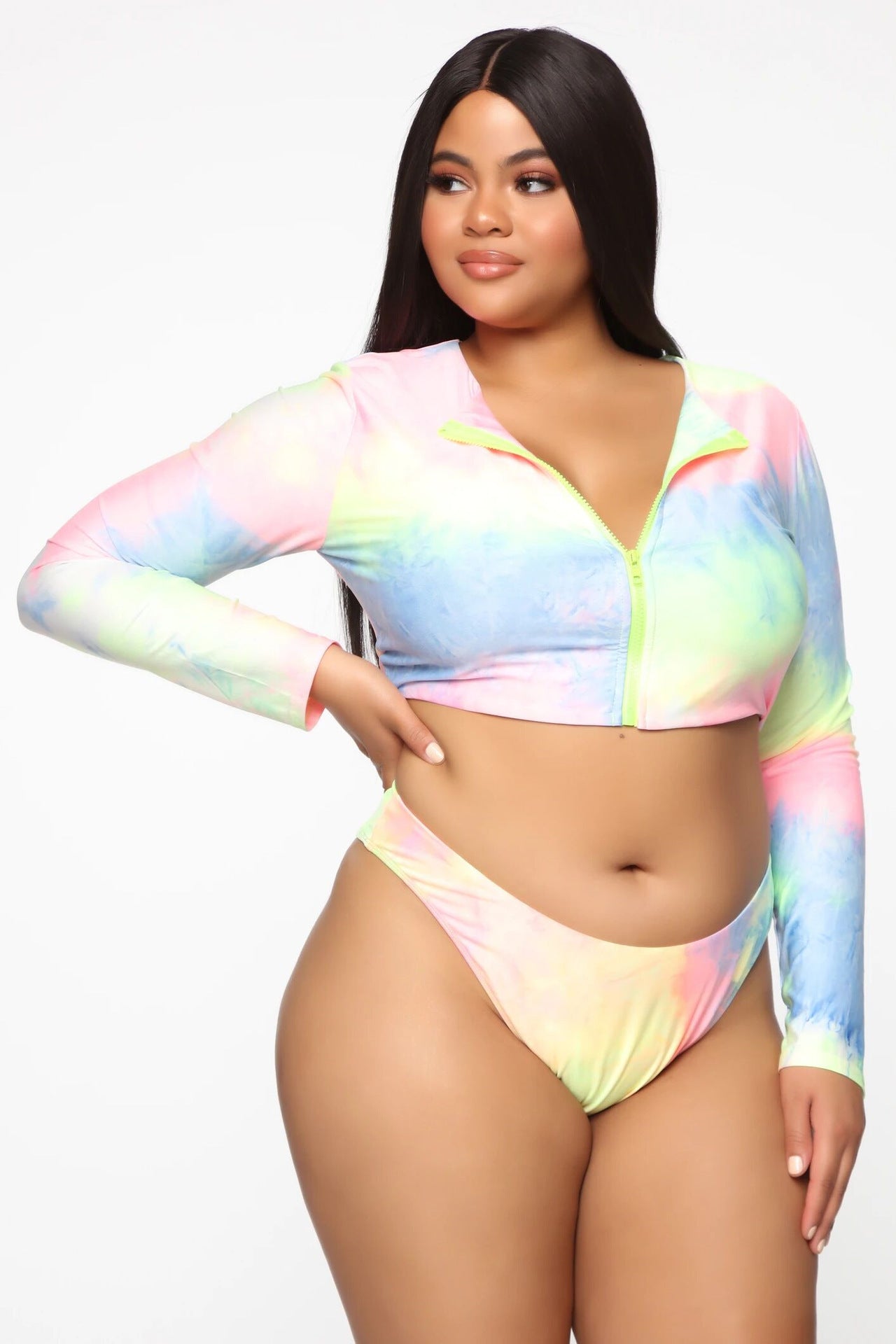 Plus Size Bikini Long Sleeve Zipper Swimsuit Colorful Sexy Swimsuit