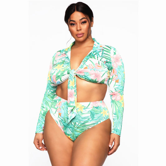 Plus Size Bikini Swimsuit Long Sleeve High Waist