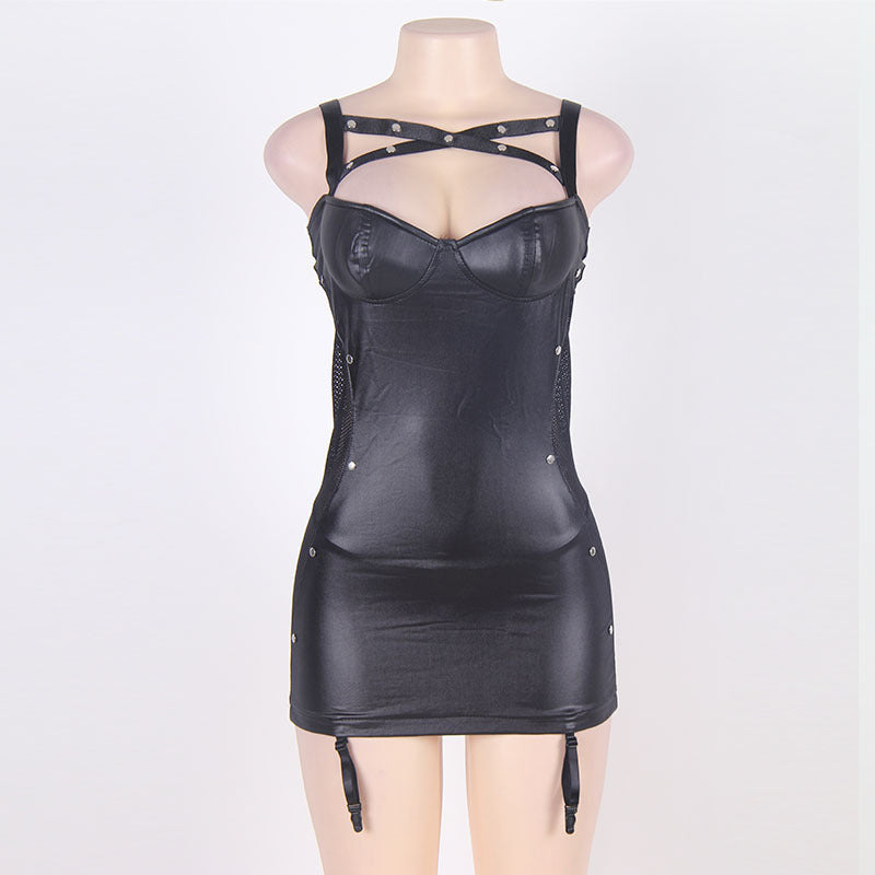 Grande taille en cuir dentelle épissage fronde sexy tenue de club robe lingerie sexy