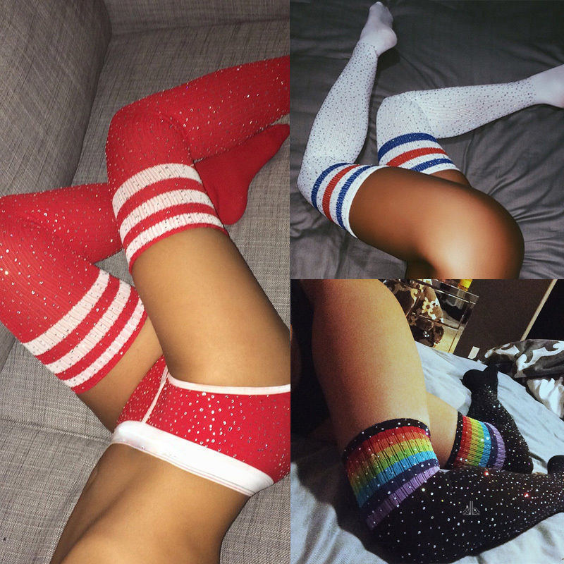 Chaussettes Sexy Strass Genou Chaussettes Rayées Femmes Bas Chaussettes Strass Chaussettes Hautes En Coton