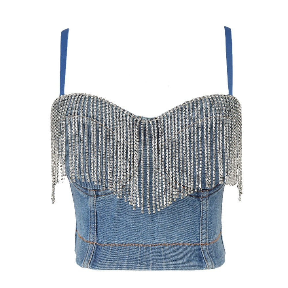 Denim Tube Top Niche Tassel Rhinestone Camisole Outer Wear with Chest Pad Trendy Women Disco Top