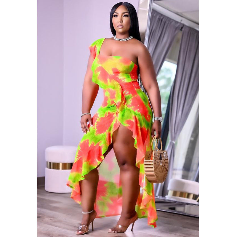 Grande taille femmes vêtements d'été à manches simples irrégulière asymétrique imprimé jupe à volants robe bord