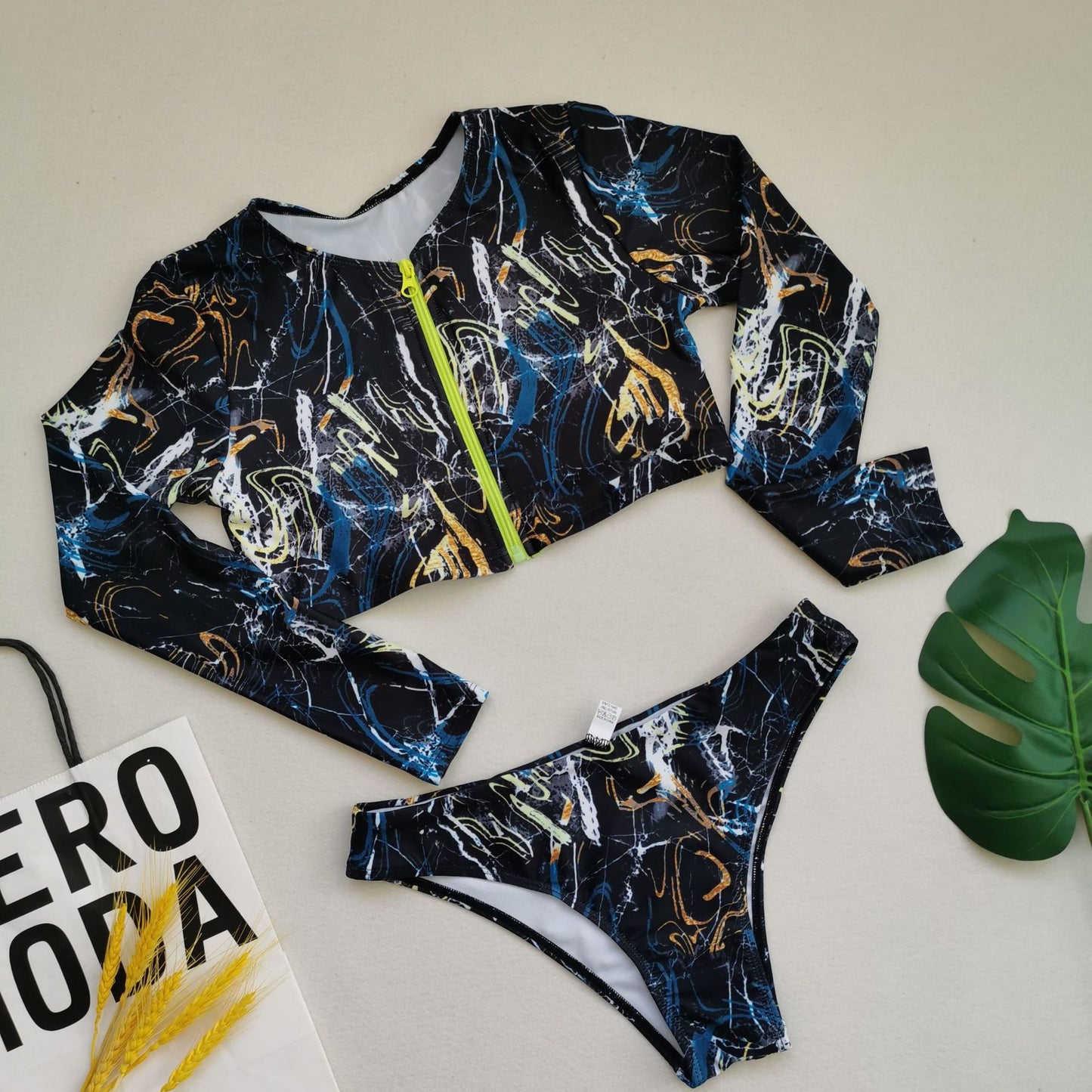 Plus Size Bikini Long Sleeve Zipper Swimsuit Colorful Sexy Swimsuit