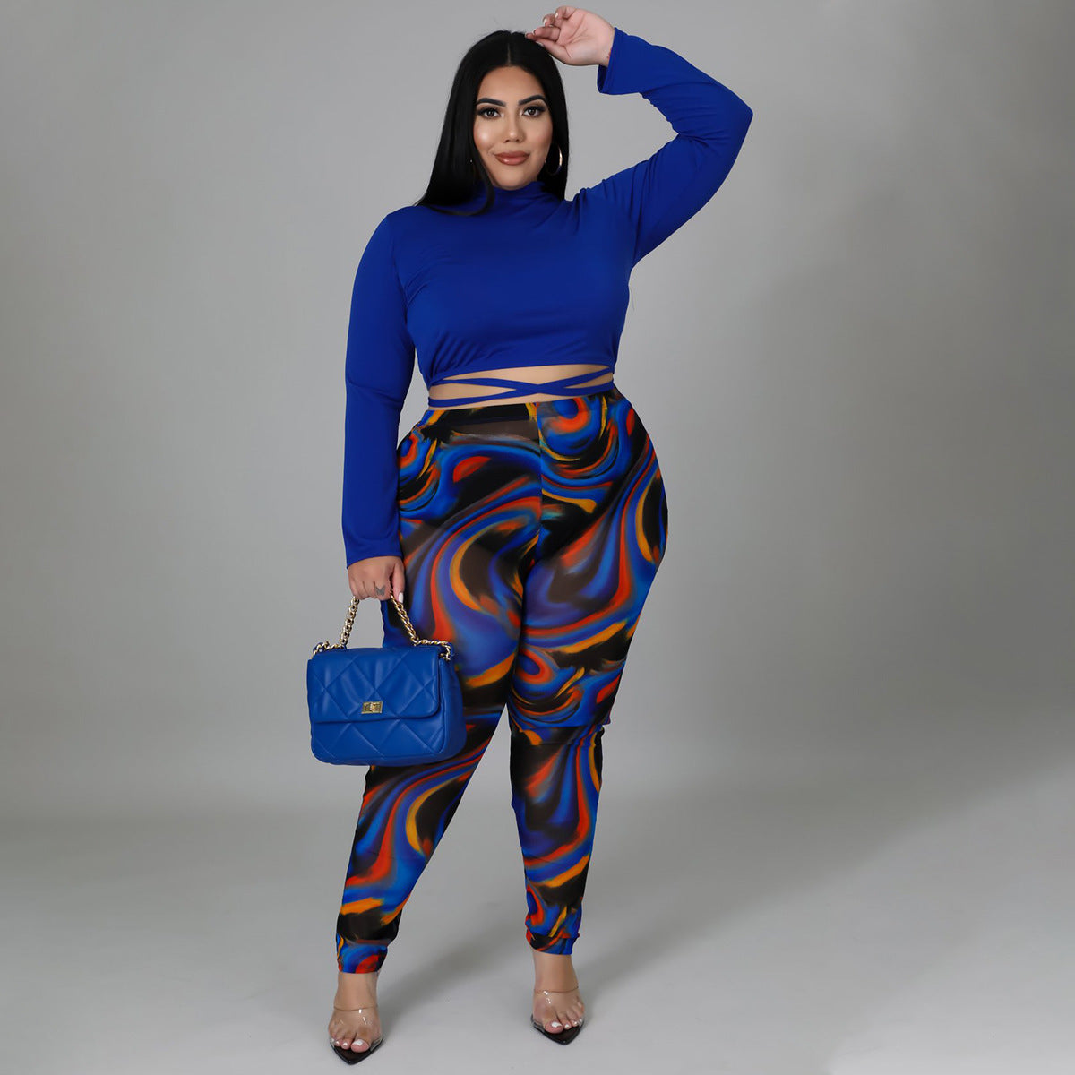 Plus Size Sexy Two-Piece Suit Stitching Contrast Color Bandage See-through Set Women Clothing