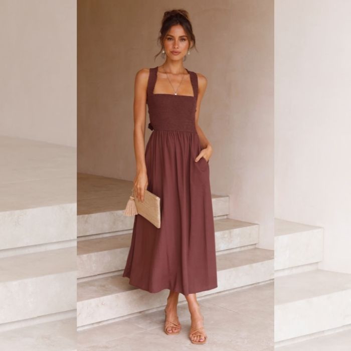 Maxi Robe sans manches en lin de coton de couleur unie décontractée Printemps Été