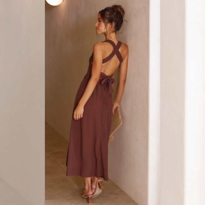 Maxi Robe sans manches en lin de coton de couleur unie décontractée Printemps Été