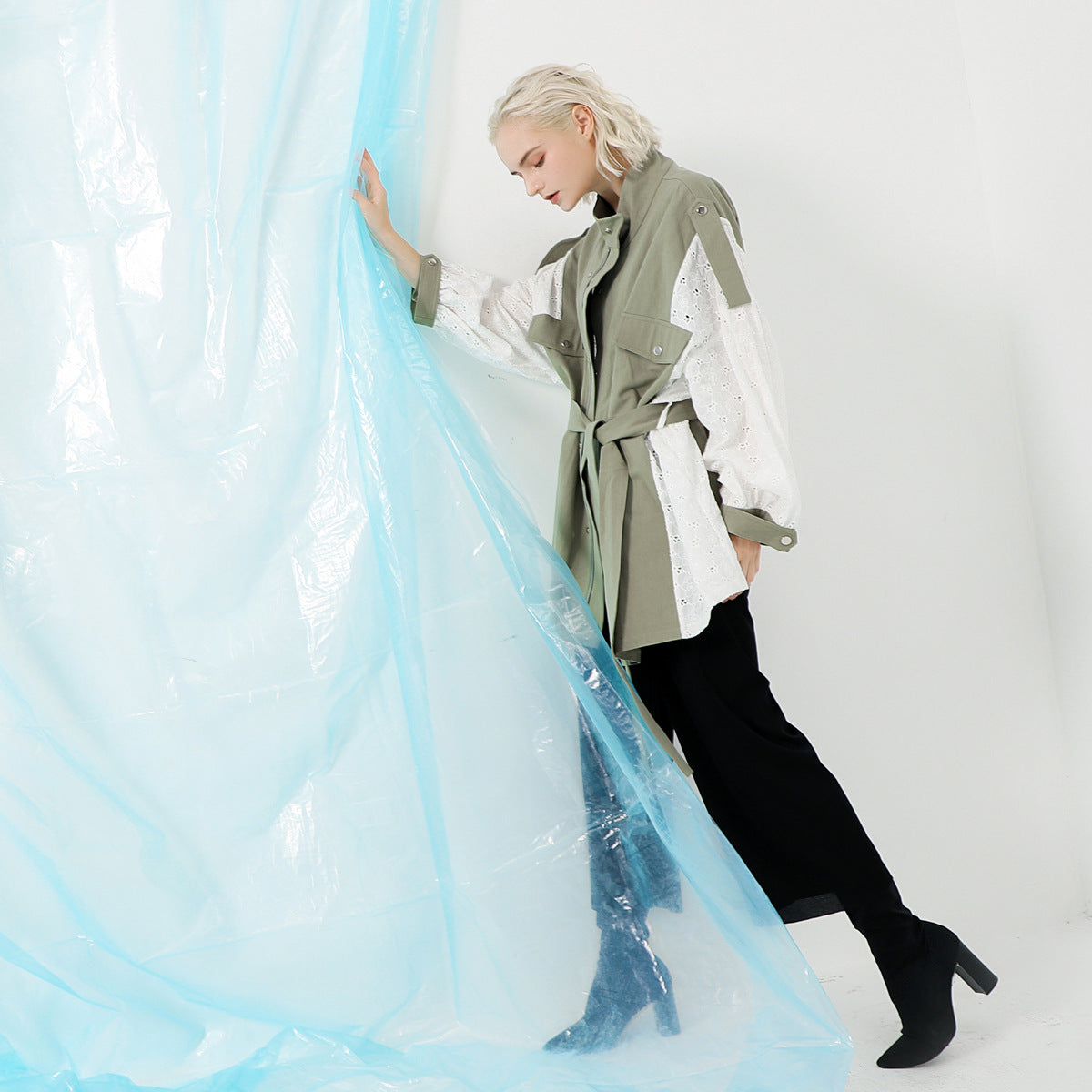Manteau lavé à coutures en dentelle pour femmes Coupe-vent ample mi-long