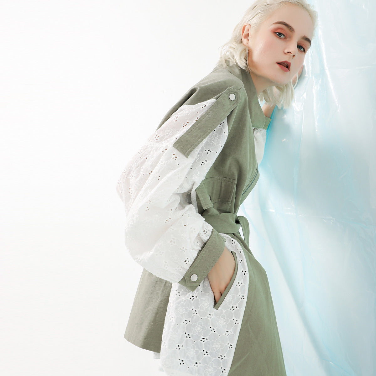 Manteau lavé à coutures en dentelle pour femmes Coupe-vent ample mi-long