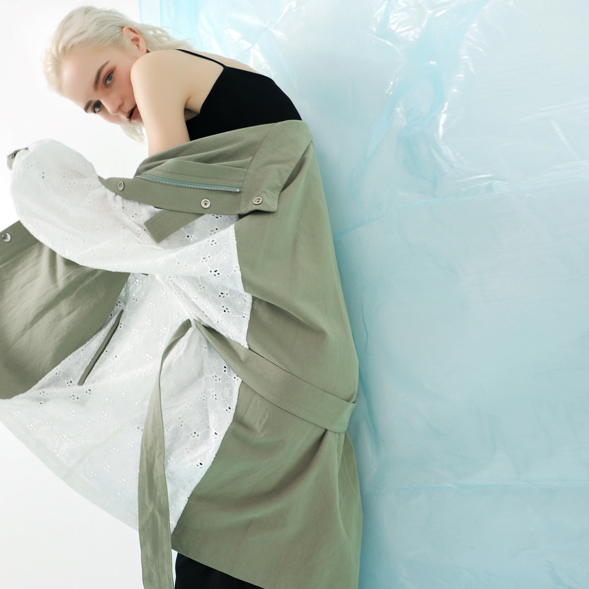 Manteau lavé à coutures en dentelle pour femmes Coupe-vent ample mi-long