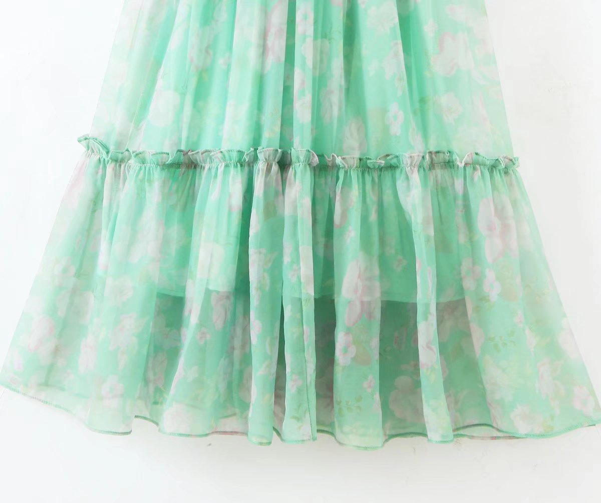 Organza Floral Print Dress Puff Sleeve Tight Waist Princess Dress Spring Summer Fresh Girl Maxi Dress Sheer