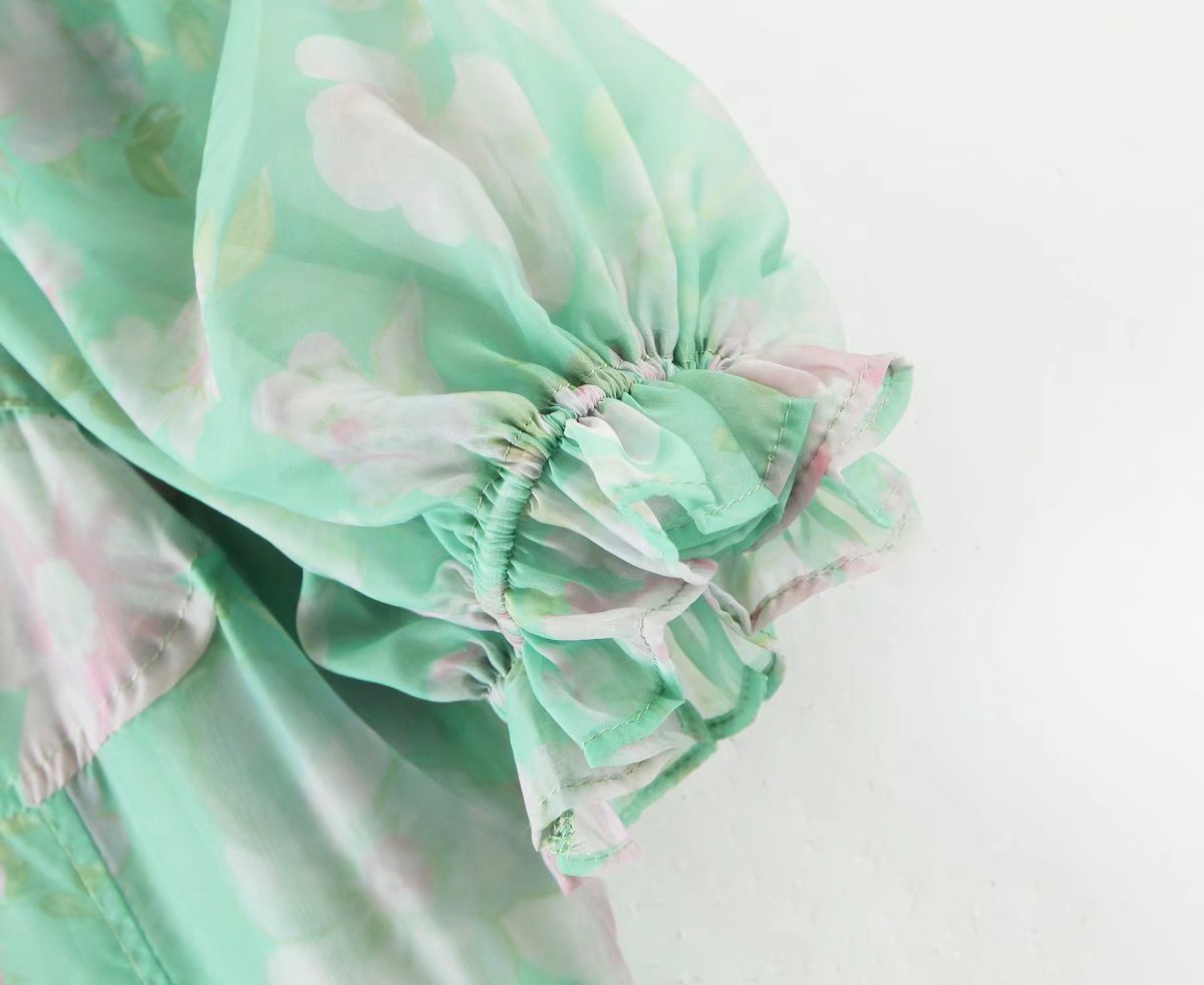 Organza Floral Print Dress Puff Sleeve Tight Waist Princess Dress Spring Summer Fresh Girl Maxi Dress Sheer