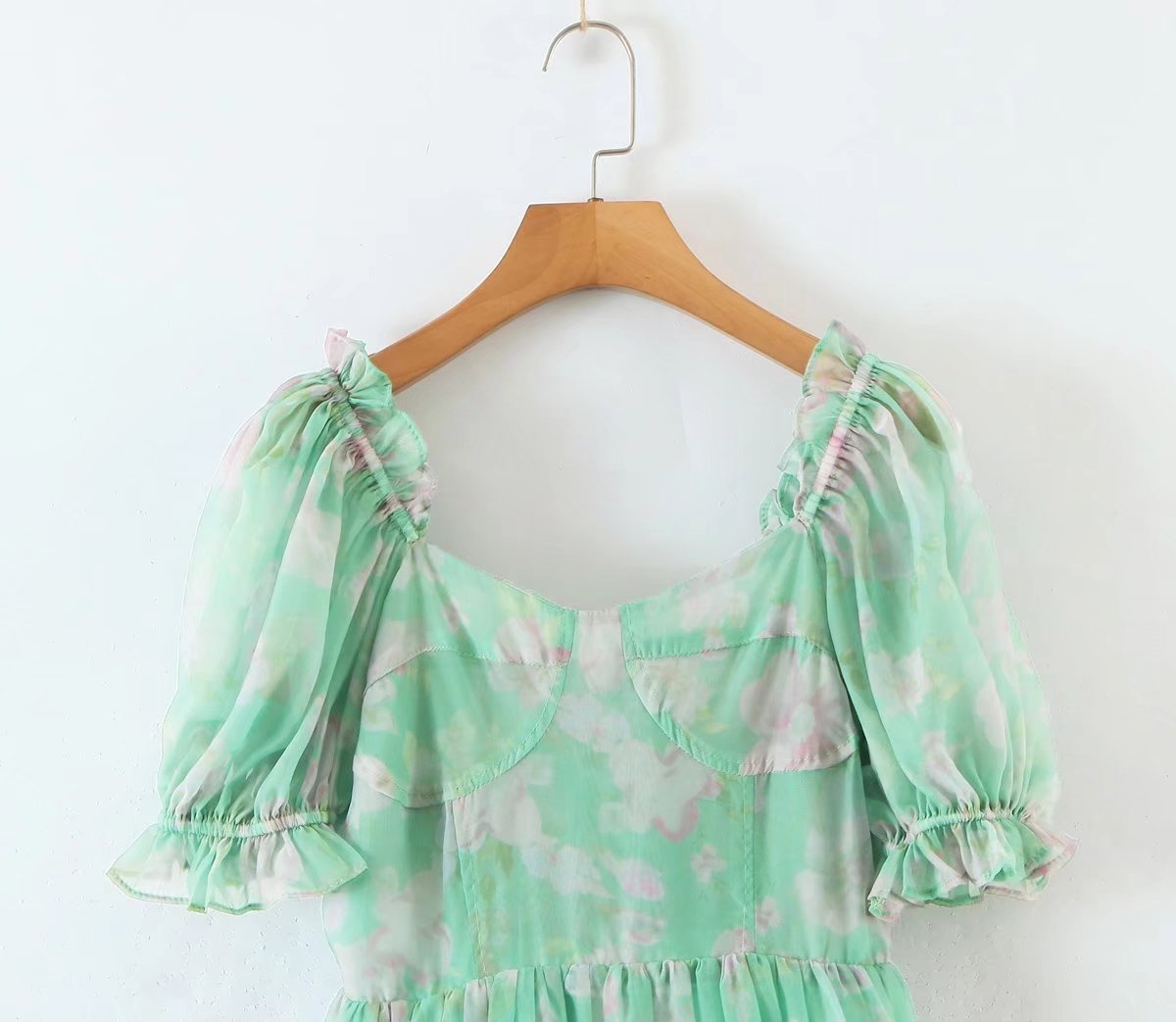 Organza Floral Print Dress Puff Sleeve Tight Waist Princess Dress Spring Summer Fresh Girl Maxi Dress Sheer