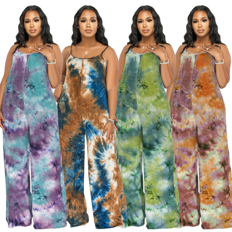 Plus Size New Tie-Dyed Printed Sling Casual Pants Straight Stylish Loose Jumpsuit