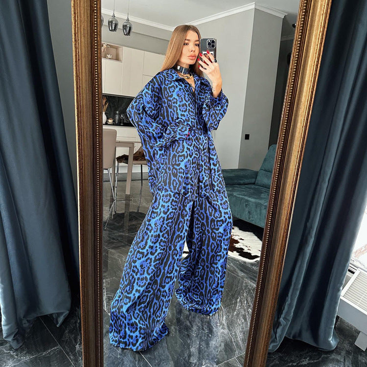 Women Clothes Suit Long Sleeve Leopard Print Loose Two Piece Suit