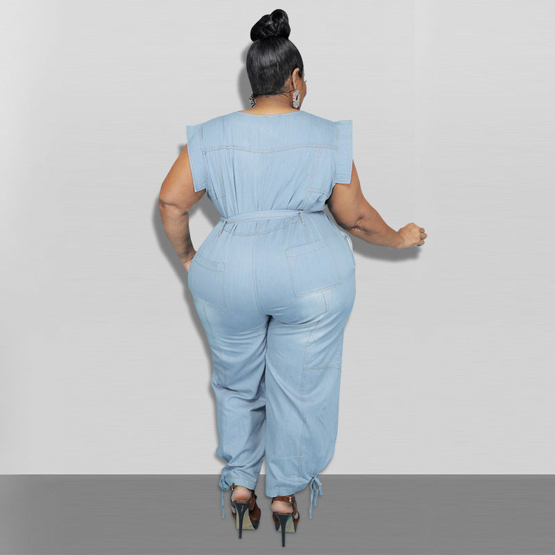 Grande taille femmes vêtements nouveau Denim à manches courtes lavage combinaison pantalon Sexy nouveau