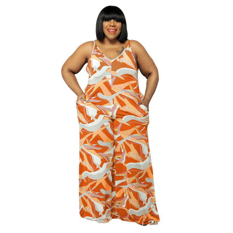 Plus Size New Arrival Jumpsuit Women Clothing Printed Sling Straight Loose Casual Pants