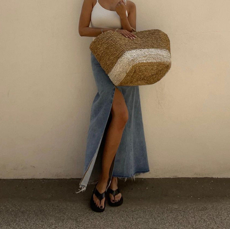 Women Clothing Skirt ong High Waist Slit Vintage Denim Skirt Hip Skirt