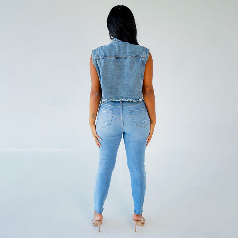 Sexy Denim Vest Femmes D'été À La Mode Perles Denim Top