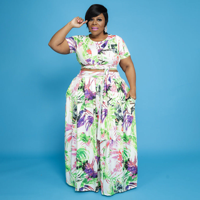 Ensemble deux pièces court grande taille Costume d'impression multicolore Ensemble deux pièces femme