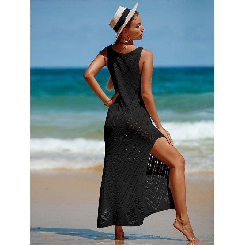 Camicetta di protezione solare da spiaggia con maxi abito lavorato a maglia traspirante in tinta unita con scollo a V sexy da viaggio