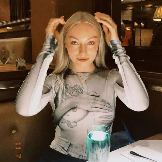 Women Spring Summer Sexy Mesh Floral Print Jumpsuit Slim Fit round Neck Long Sleeves T shirt