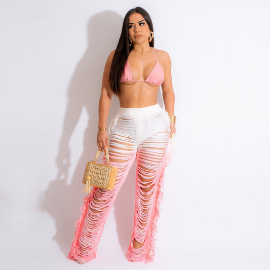 Summer Women Clothing Sexy Gradient Beach Tassel Knitted Trousers Casual Suit