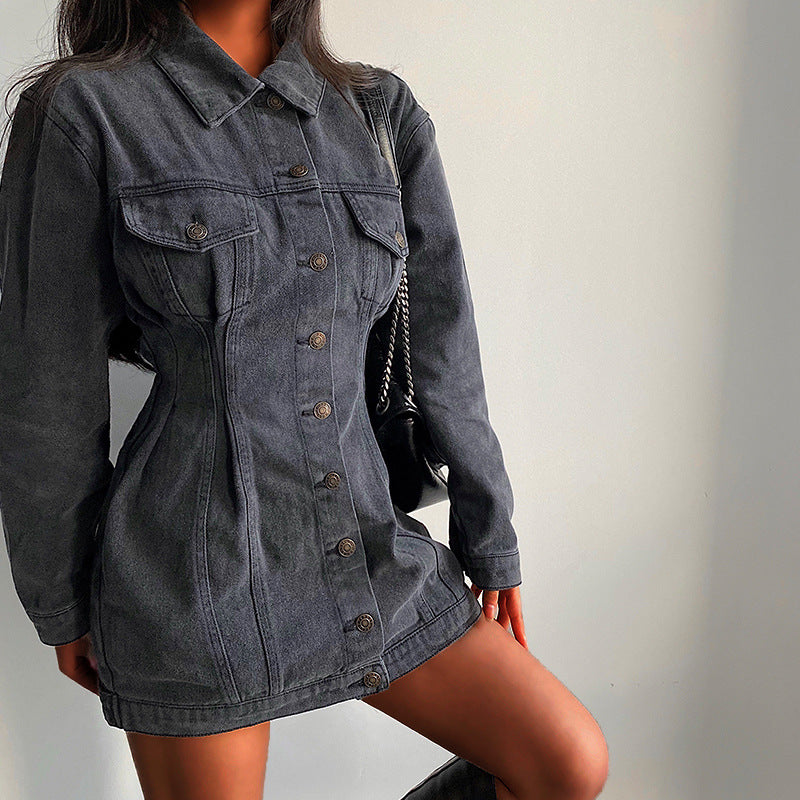 Slim Fit Pleated Long Sleeved Cowboy Siamese Mid Length Jacket