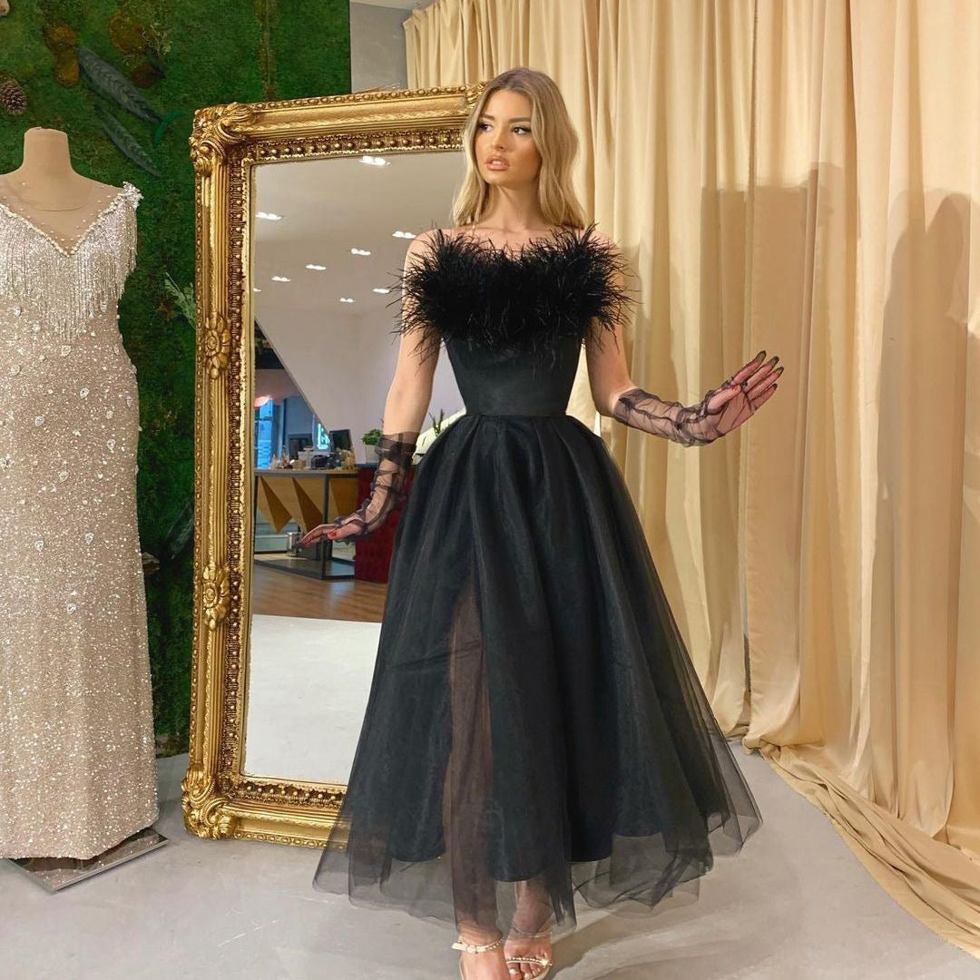Spring Summer Women Clothing Feather Straps Tulle Elegant Evening Dress