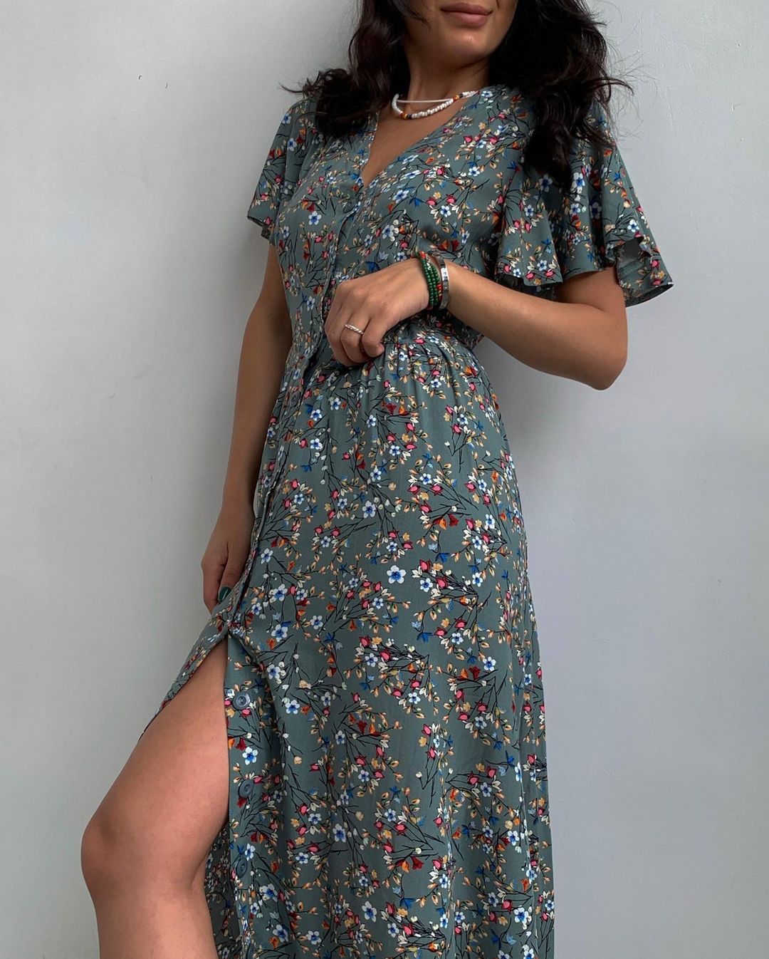 Robe à fleurs fendue à taille mi-longue printemps-été