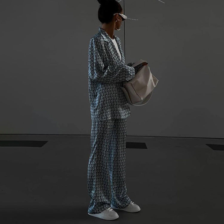Women Clothing Long Sleeve Collared Bootleg Pants Printing Suit Street Matching Street