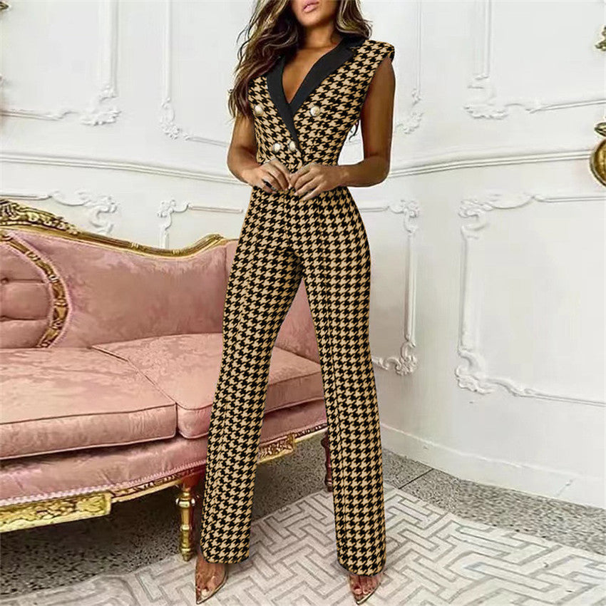 Printemps été femmes vêtements couleur correspondant bouton col en v sans manches pied-de-poule combinaison vêtements d'affaires pour les femmes