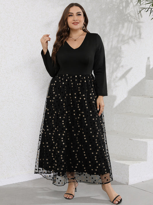 Plus Size Women Casual V Neck Long Sleeve Polka Dot Printed Pattern Swing Long Dress