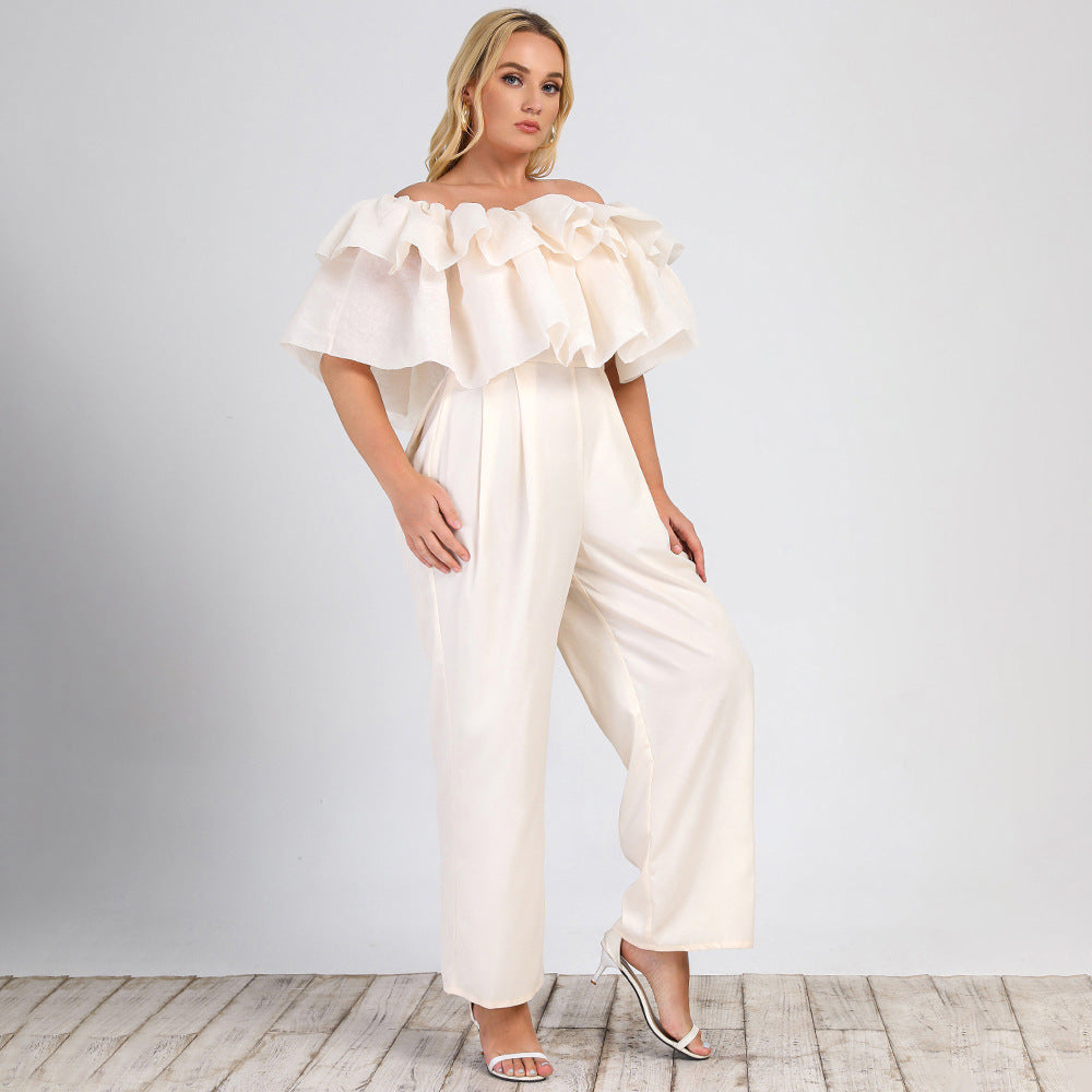 Grande taille femmes vêtements été nouveau Lotus Edge hors épaule solide jambe droite bureau pantalon décontracté combinaison