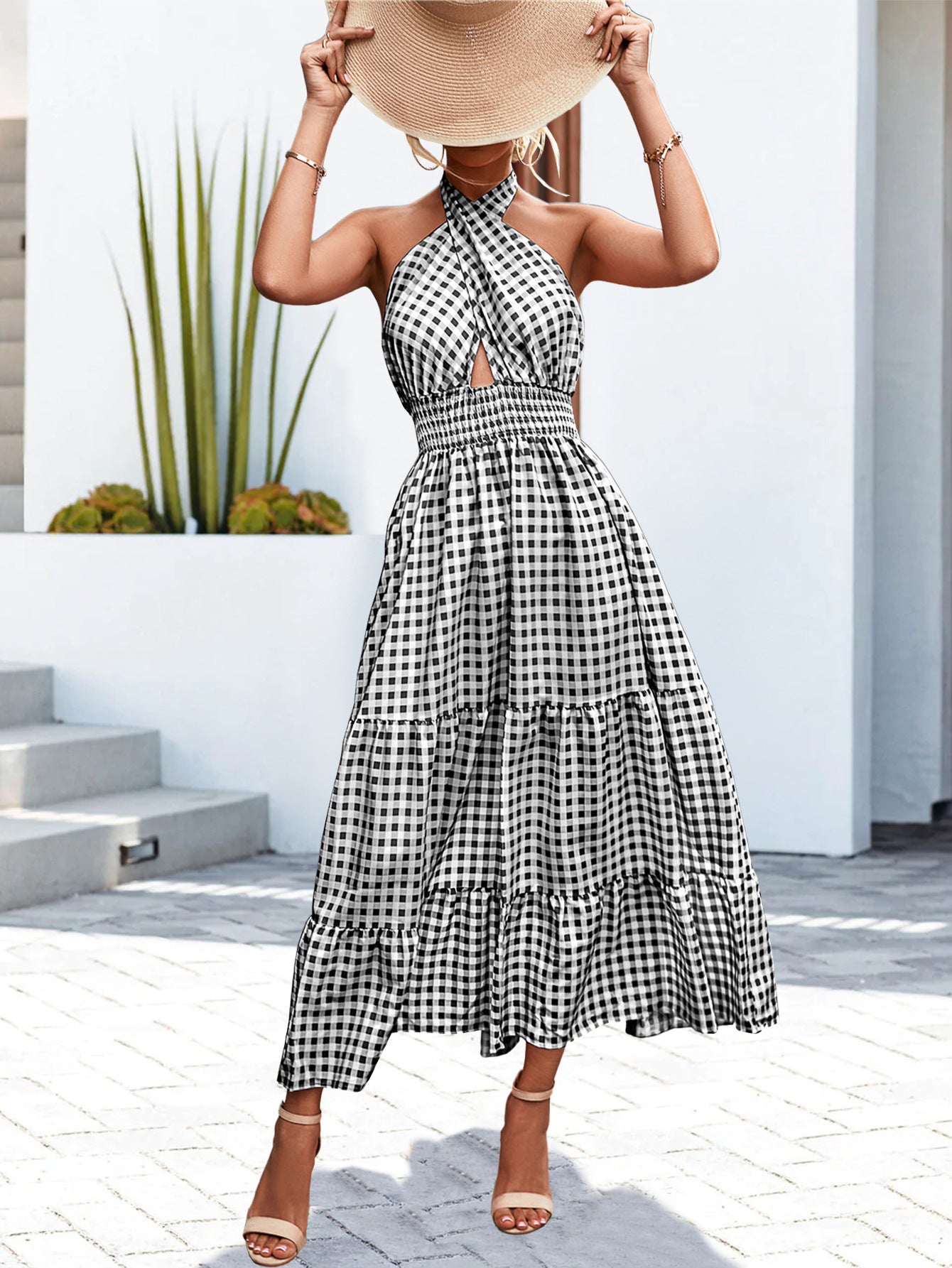 Robe d'impression à bretelles dos nu sexy printemps été