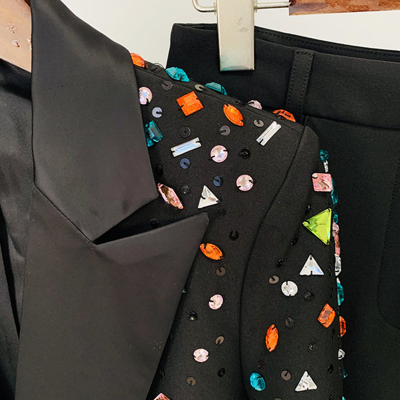 Marchandises Lourde Industrie Perles Cristaux Colorés Slim Fit Blazer Bootcut Pantalon Blazer Costume Ensemble Deux Pièces
