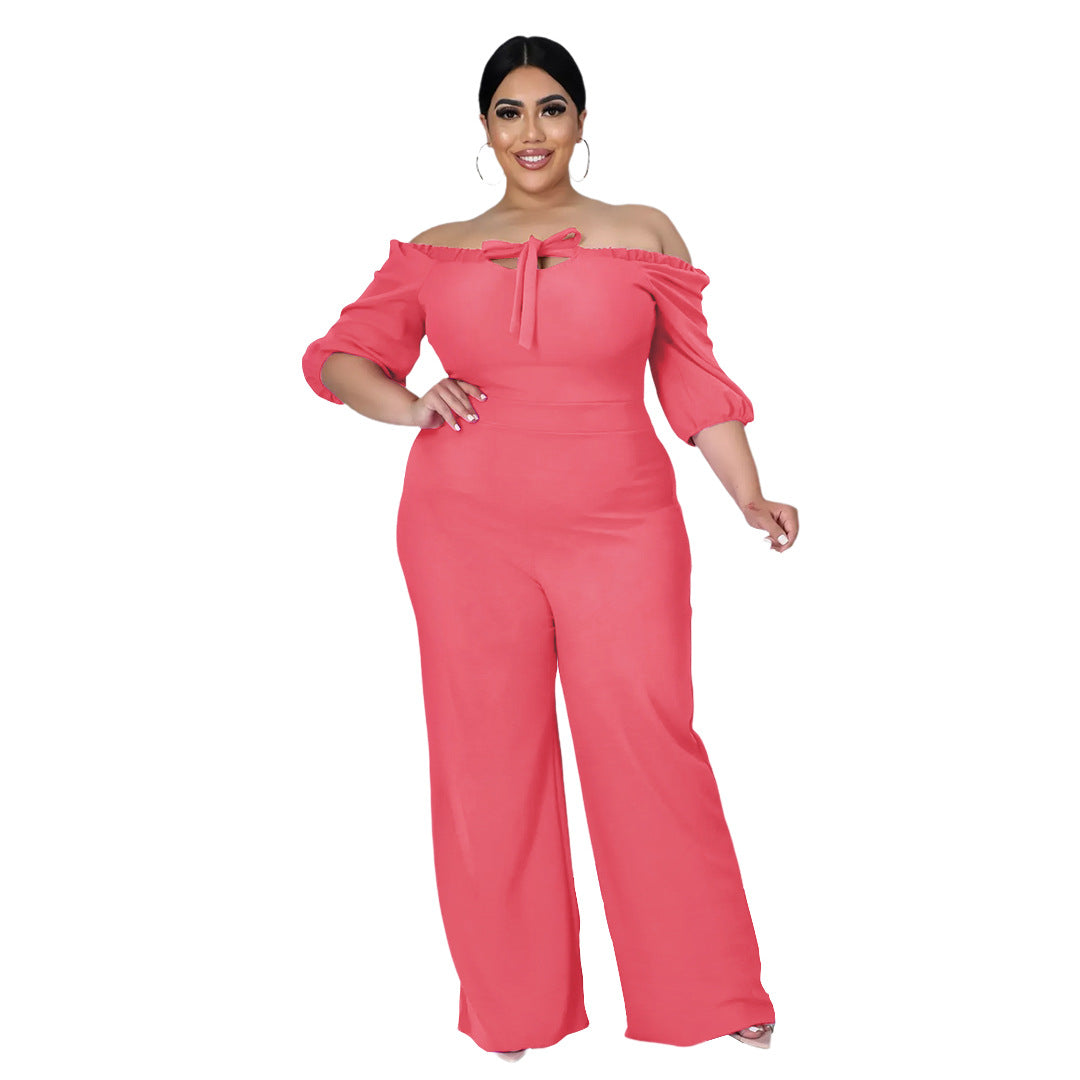 Combinaison à jambes larges et à bretelles de couleur unie de grande taille pour femmes