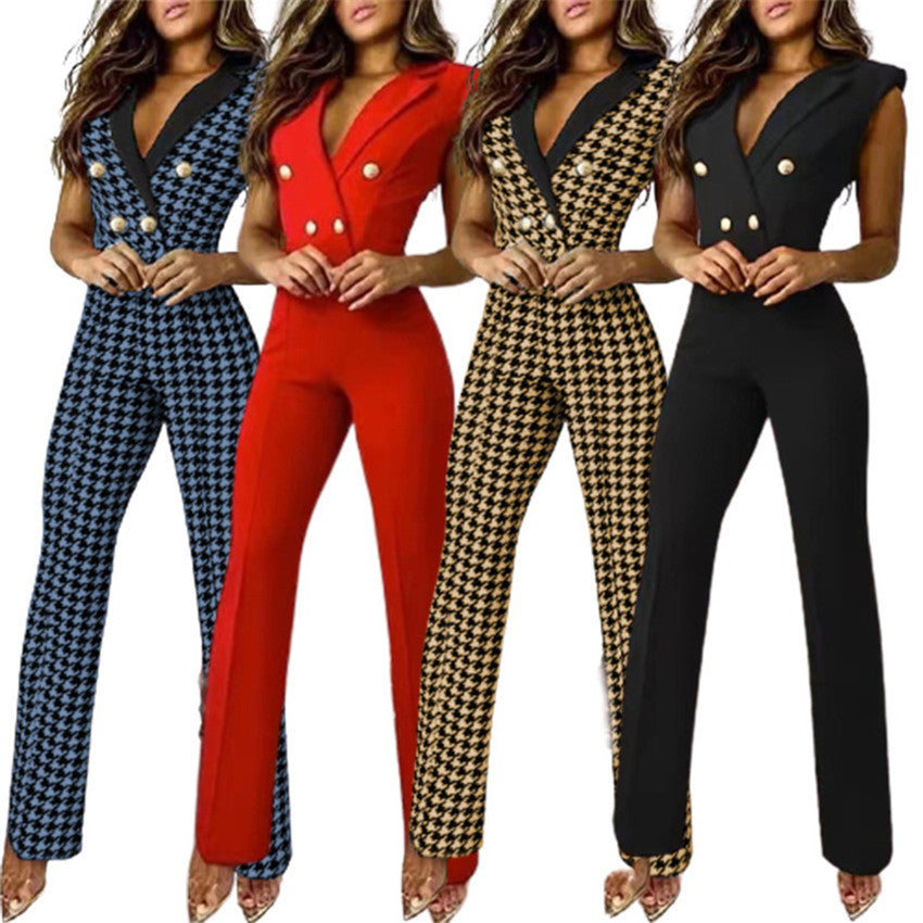 Printemps été femmes vêtements couleur correspondant bouton col en v sans manches pied-de-poule combinaison vêtements d'affaires pour les femmes