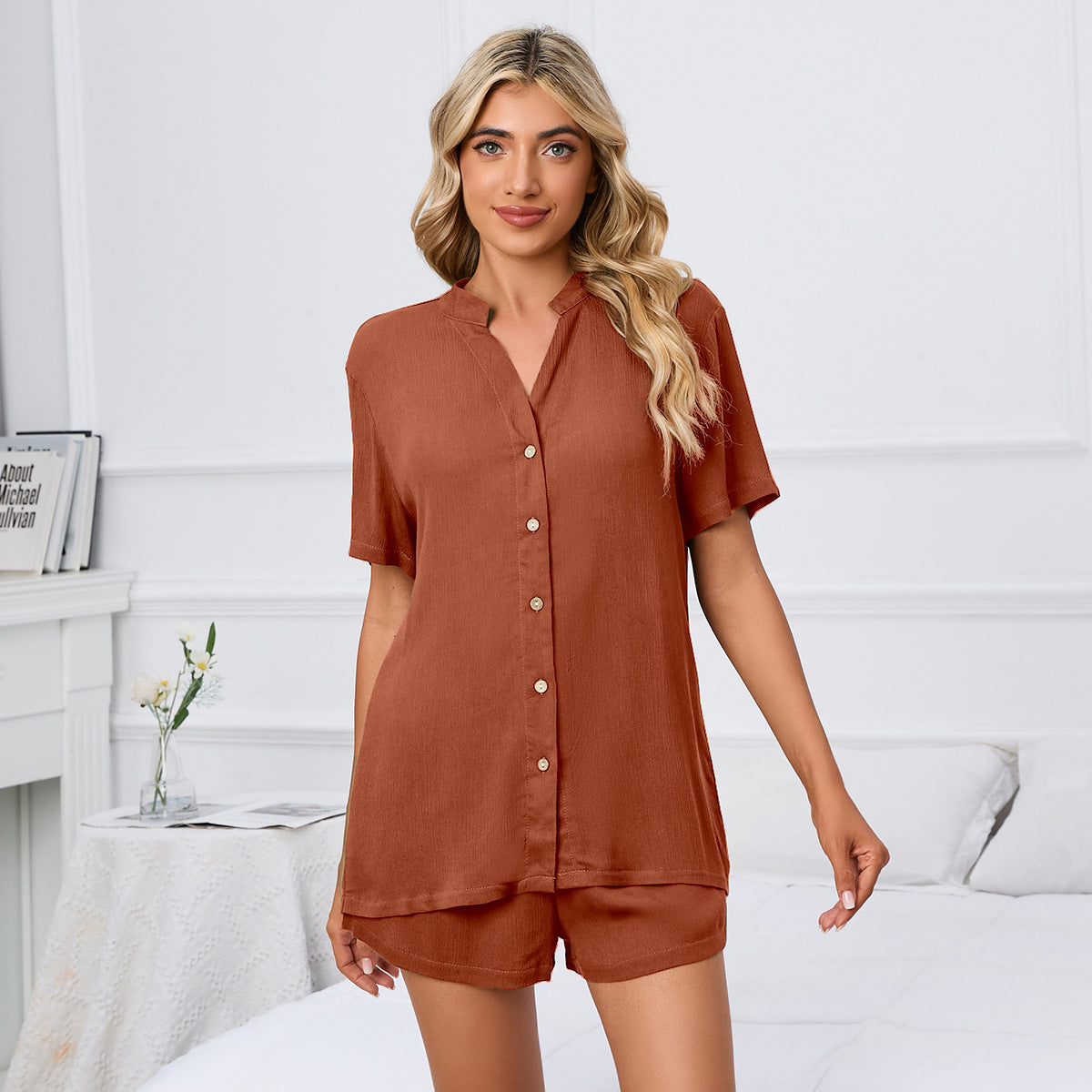 Printemps été couleur unie col en V lâche bouton t-shirt Shorts maison costume décontracté