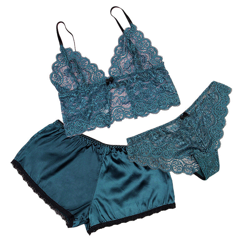 Plus Size Sexy Home Underwear Sexy Thin Lace Bra Panties Three-Piece Suit Shorts