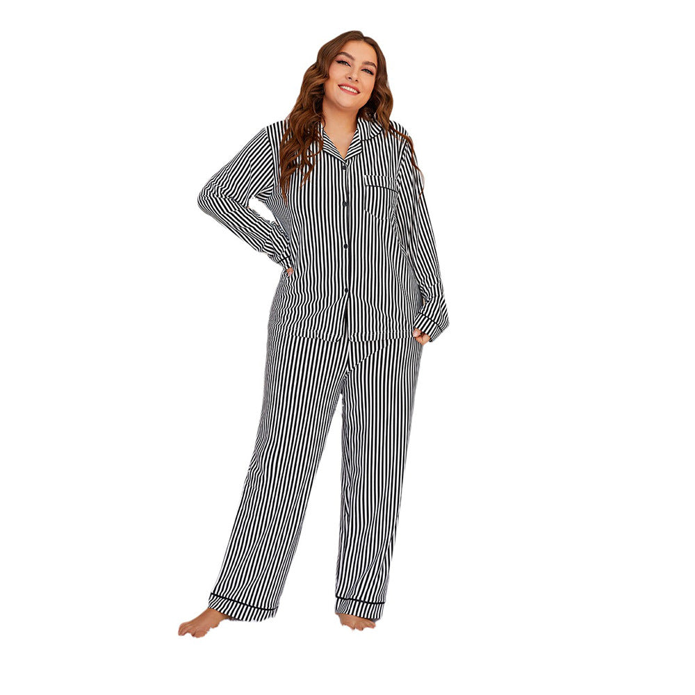 Plus Size Vertical Bar Pajamas Women Knitted Long-Sleeve Suit Casual Homewear Two-Piece Set