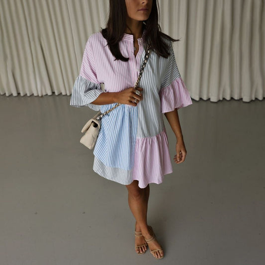 Rayé Impression Couleur Contraste Manches Courtes Tenue Décontractée Printemps Eté Femme Vêtements