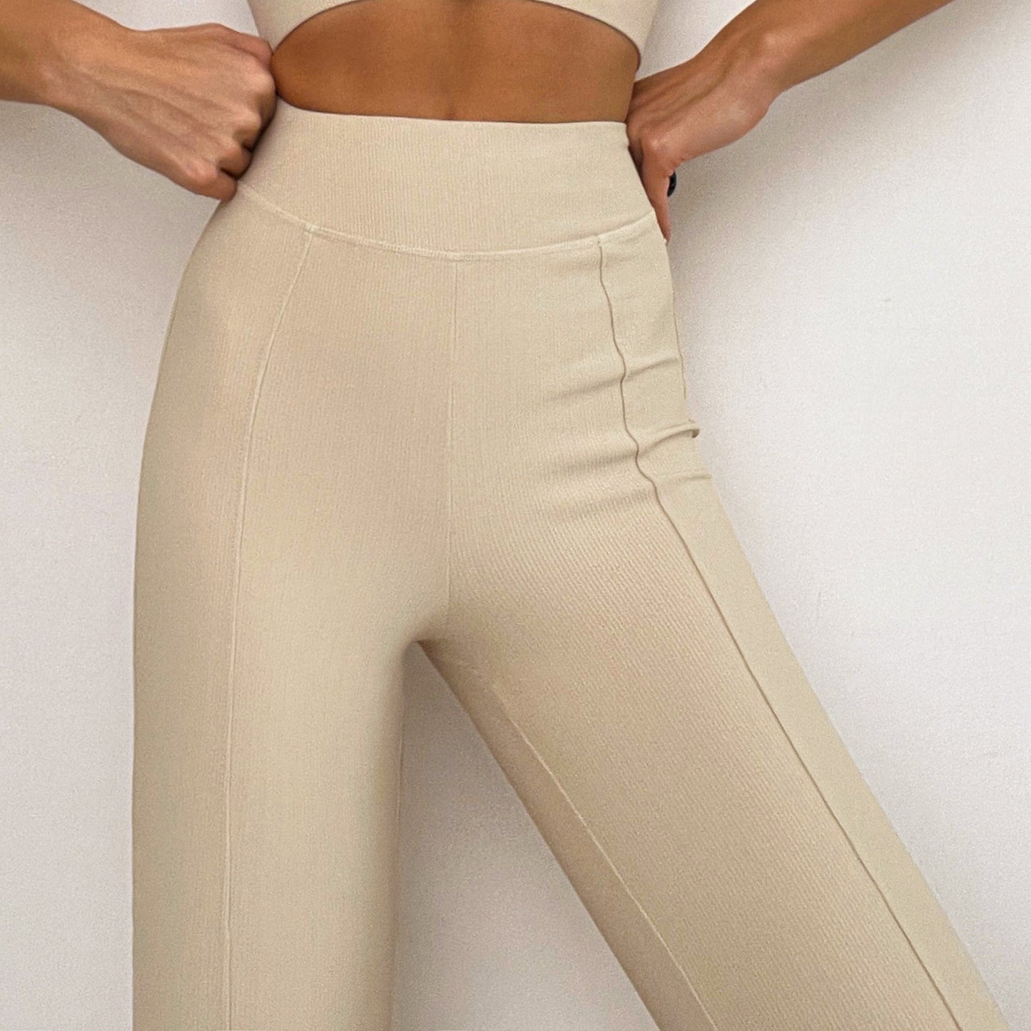 Yoga Clothes Rib Sports Bra Drawstring Long Sleeve Yoga Wear CrissCross Waist Head Yoga Pants Side Open Bell-Bottom Pants