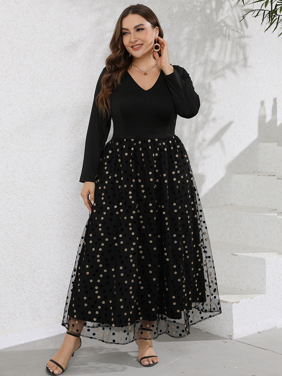 Plus Size Women Casual V Neck Long Sleeve Polka Dot Printed Pattern Swing Long Dress