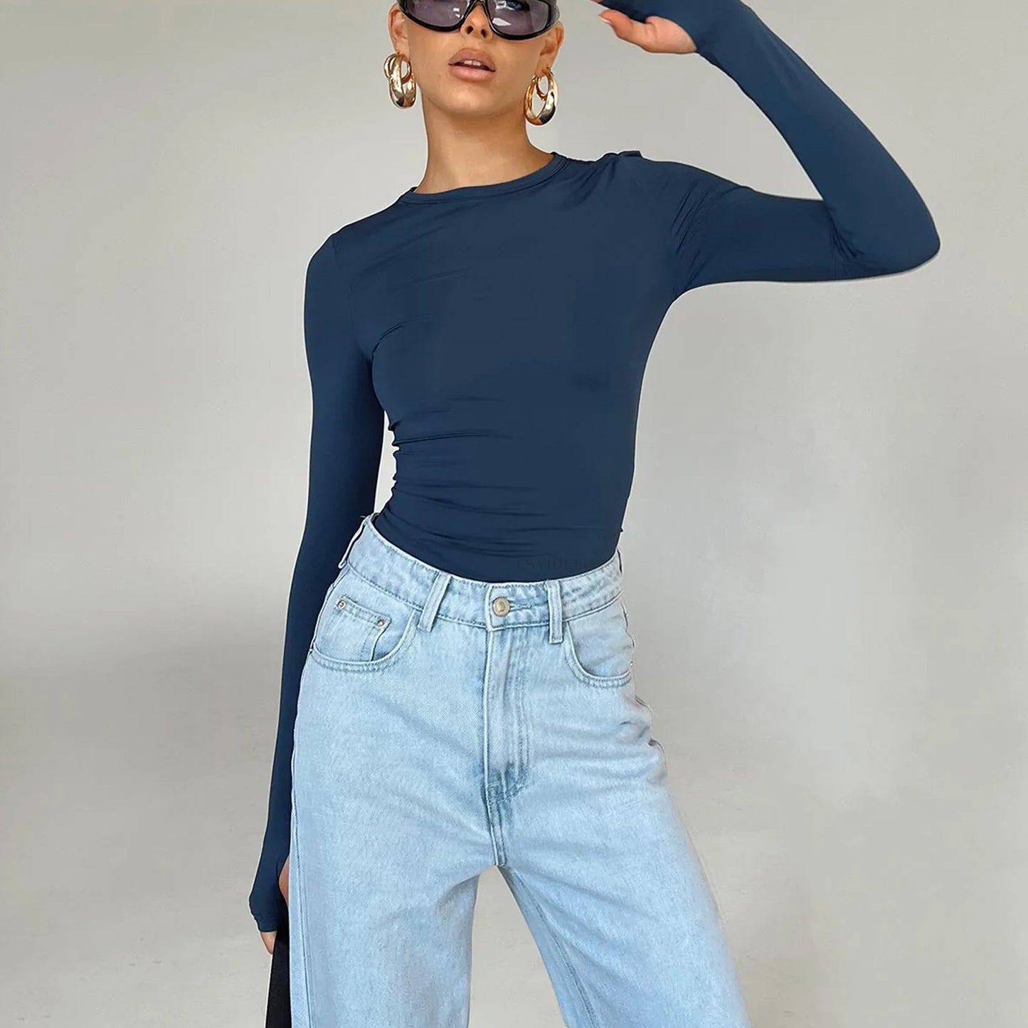 Vêtements pour femmes couleur unie bas col rond t-shirt Sexy Slim Fit minceur manches longues haut t-shirt