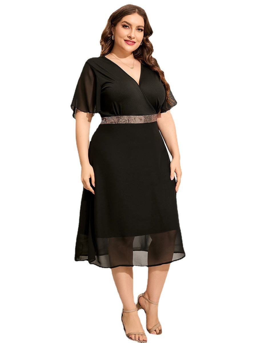 Plus Size Ladies V-neck Casual Stitching Short Sleeve Large Swing Dress