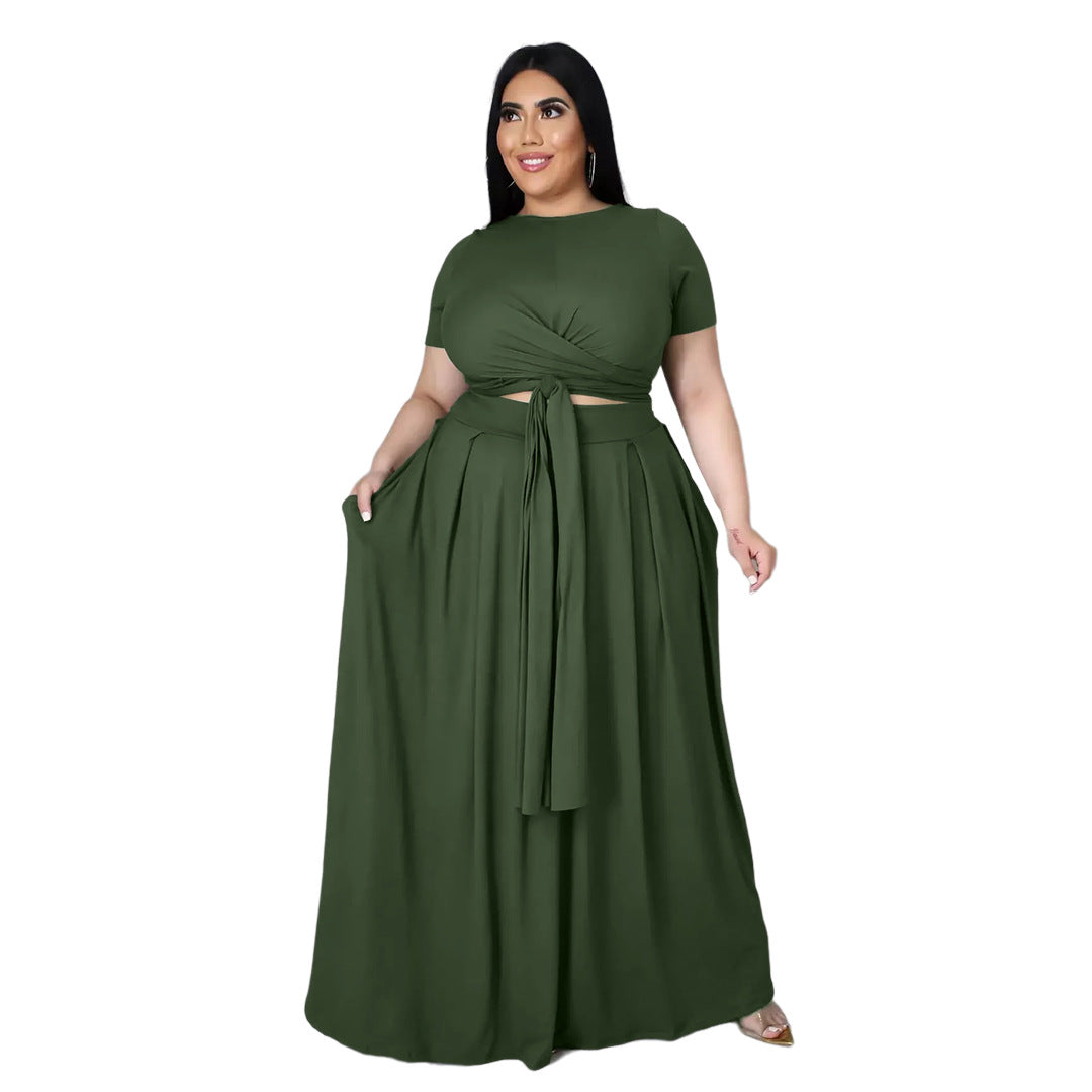 Plus Size Plus Size Women Solid Color Criss Cross Lace-up Large Swing Skirt Two-Piece Suit