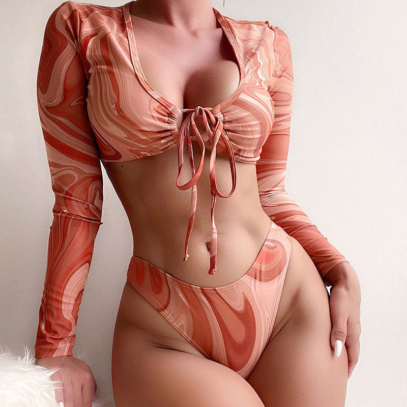 Tie Dyed Sexy Sexy Deux Pièces Maillots De Bain Taille Haute Manches Longues Plage Bikini Tankini