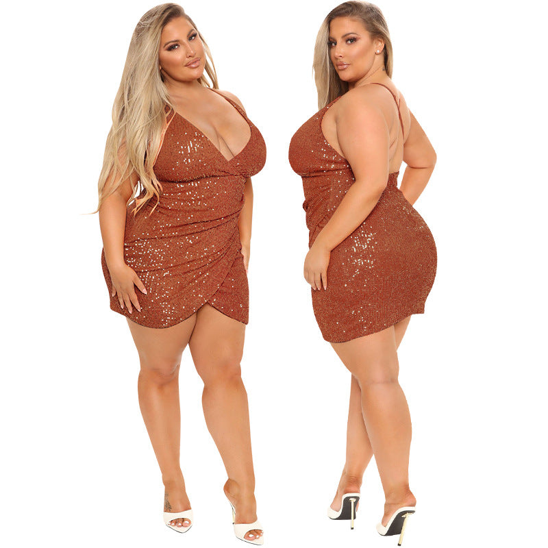 Plus Size Women Clothing Embroidery Beads Sexy Halter Dress