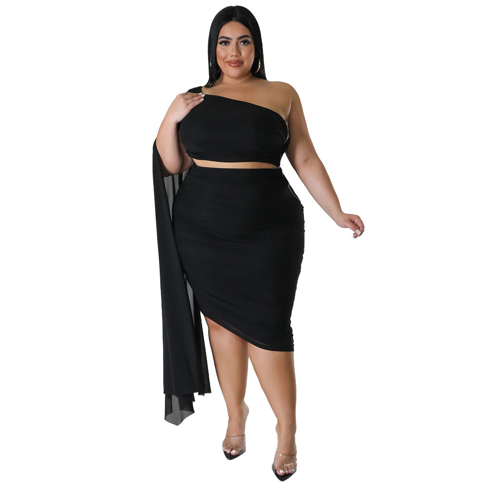 Plus Size Women Wear High Elastic Diagonal Collar Long Train Sleeve Wrinkle Two Piece Set